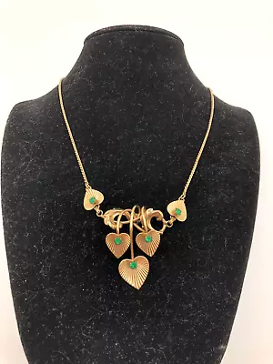 Vintage Van Dell Choker Necklace 12k Gold Filled Hearts Green Rhinestone • $35.20