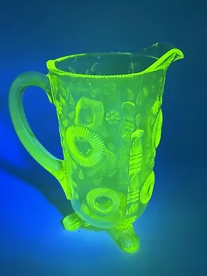 Uranium GLOWS EAPG Greentown Canary Yellow Ruffled Eye Pattern Glass Pitcher • $265.95