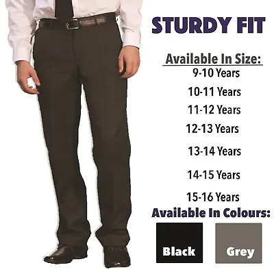 Boys Sturdy School Trousers Black Grey Relaxed Generous Fit Plus Fit Ages 7-16  • £9.95