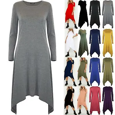 Womens Ladies Plain Long Sleeve Hanky Hem Stretchy Flared Swing Midi Dress Top • $12.62