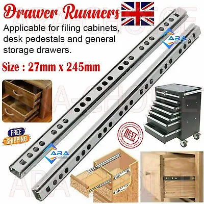 27mm 245mm Metal Drawer Runners Kitchen Bedroom Groove Ball Bearing Draw Slides • £5.75