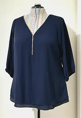 City Chic Plus Size S 16 Navy Blue Top Front Zip V-Neck 3/4 Sleeve Work Office • $24