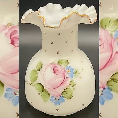 Fenton Art Glass Charleton Roses Ruffled Milk Glass Bud Vase C1940-1959 USA 5.5  • $72