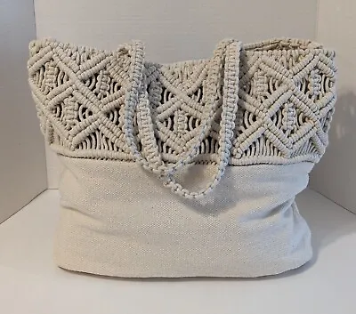 Large IVORY Canvas Macrame Totebag/Handbag 16x14 India • $19.99