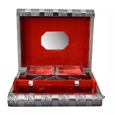 £21.99 • Buy Indian Silver Embossed Jewelley Box With Rose Red Interior Cotton Velvet