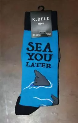 K. Bell Mens SEA YOU LATER Crew Socks 1 Pair Blue Shoe Size:6.5-12 NEW See Shark • $6.95