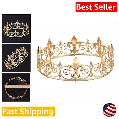 Gold King Crown For Men - Full Round Fleur De Lis Design - Prom Queen Crowns • $39.89