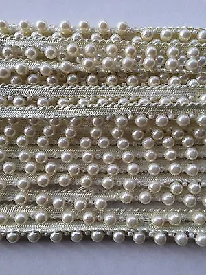 £2.50 • Buy Indian Ivory Pearl Beads Attached To Ivory Ribbon Lace Trim Border -1 Metre