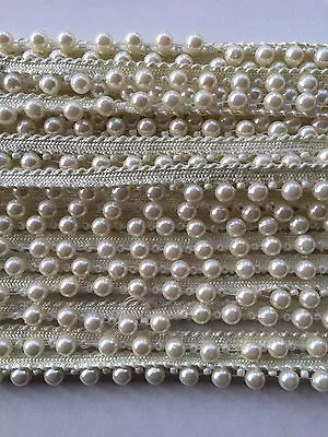 £2.50 • Buy Indian Ivory Pearl Beads Attached To Ivory Ribbon Lace Trim Border -1 Metre