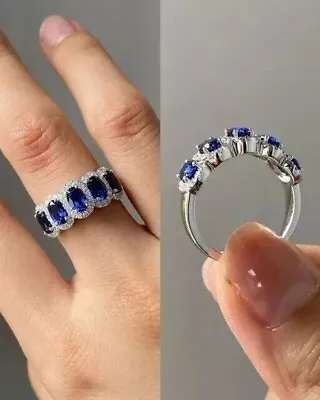 2.5Ct Oval Lab-Created Sapphire Halo Eternity Wedding Band 14K White Gold Plated • $94.49