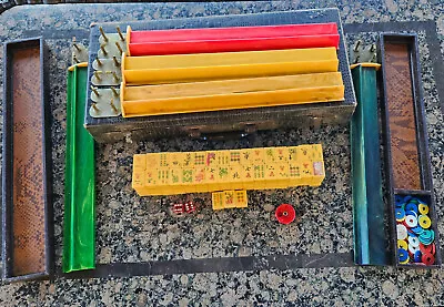 Vintage Mahjong Set Bakelite Butterscotch 163 Tiles 5 Rack 2 Dice & Case *READ* • $149.99