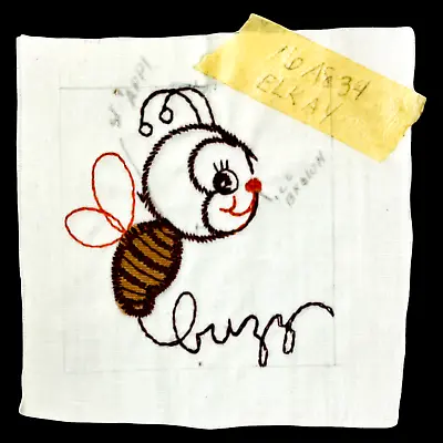 Vintage Embroidered Sample On Linen Bumble Bee Buzz Quilt Block Cute 2.5  X 2.5  • $4.75
