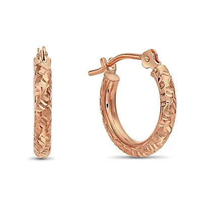 14K Real Solid Gold Hand Engraved Diamond-Cut Round Small Hoops Earrings 13mm • $64.99