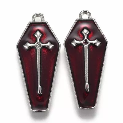 £3.89 • Buy 5 Coffin Charms - Red Enamel - Silver Tone - 25mm X 11mm - Halloween - P00506