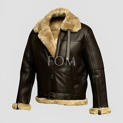 Mens Real Cowhide Leather Bomber Fur Jacket RAF Aviator Pilot Flying Winter Coat • £114.50