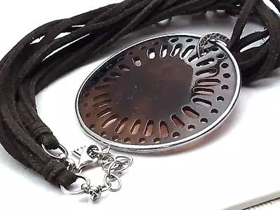 Vintage Sterling Necklace Silpada Carved Pen Shell Suede Multi Chain Pendant • $30