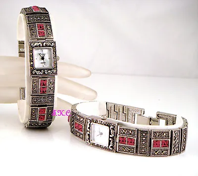 Silver Genuine Marcasite & Red Garnet Semi Precious Gems Vintage Bracelet Watch • $85.25