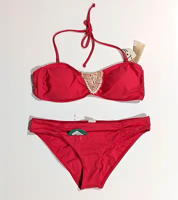 NEW L Space Large Bikini Bandeau Top Bottom Swimsuit Crochet Red Gernanium 2PC • $89.99