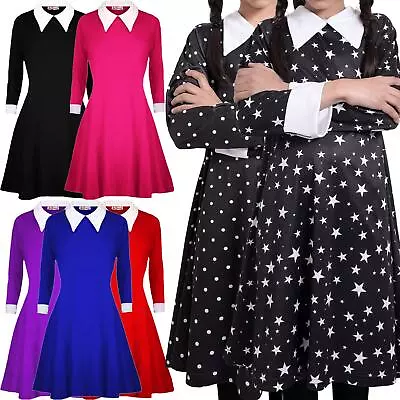 Kids Girls Halloween Swing Dress Peter Pan Collar Flared Skater Dresses 7-13Y • £3.99