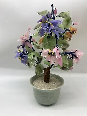 Vintage Chinese Jade Quartz Stone Glass Bonsai Tree 14 Inches • $65