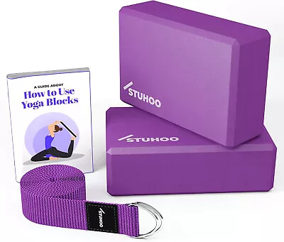 STUHOO Yoga Block Set Of 2 And Yoga Strap Includes Descriptive E-book - Sturdy • £12.99