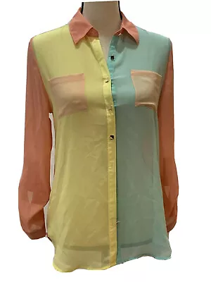 Mine A'gaci Womens Sheer Blouse Button Up Color Block Long Sleeve Size Small • $12.99