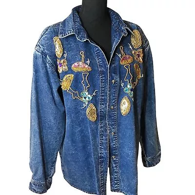 Pretty Bleu VTG Acid-Wash Beaded Sequin Denim Jean Button Up Shirt Shacket Sz M • £34.05