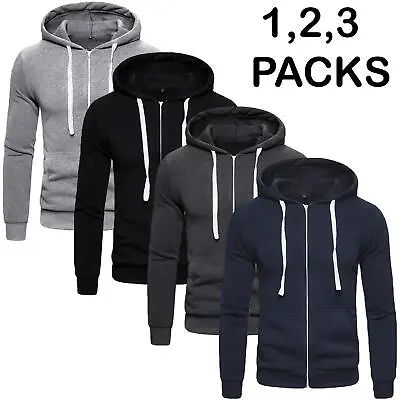 Mens Plain Fleece Zip Up Hoodie Sweatshirt Hooded Zipper Sports Jumper Top • £25.19