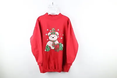 Vtg 90s Streetwear Womens OS Distressed Christmas Bear Mock Neck Sweatshirt USA • $38.21