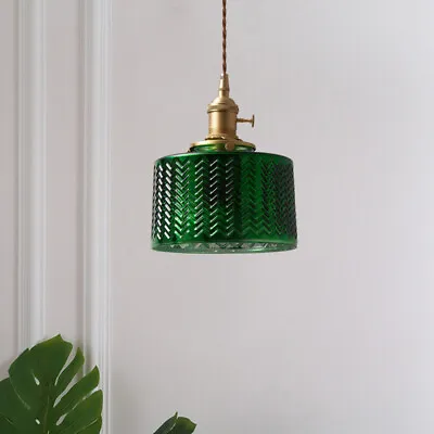 $89.99 • Buy Vintage Green GLass Pendant Light Hanging Ceiling Lamp In Brass Finish W Switch