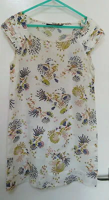 Zara Dress Linen Cotton Mix Floral Birds Cap Sleeve Pockets In Seams EUR S • £9.99