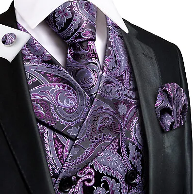 $9.99 • Buy Men's Silk Vest Waistcoat ,Purple Paisley Vest Hanky Cufflinks Set 3XL