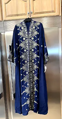 MOROCCAN Caftan DJELLABA MAXI NAVY W/ EMBELLISHED Gold Sequin Florals NEW NWT LG • $19.99