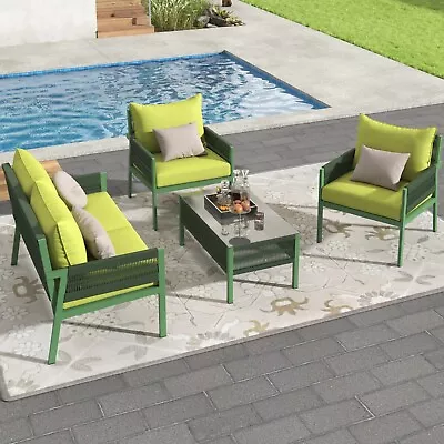 4-Piece Rope Patio Furniture Set Outdoor Furniture With Tempered Glass Table • $559