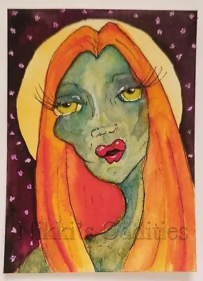 Aceo Original Watercolor Painting Green Alien Girl Orange Hair Nikki • $6