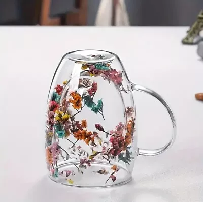 Dried Flowers Wall Glass Coffee Mug Heat Resistant 2 Layer Clear Mug Cafe Cup • £4.50