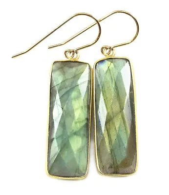 Labradorite Earrings Blue Rectangle Long Bezel Drops 14k Gold 1.9   Dangles • $75