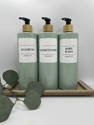 £16.58 • Buy Personalised Sage Green Minimalist Label Bathroom Pump Bottles Bamboo Free Post