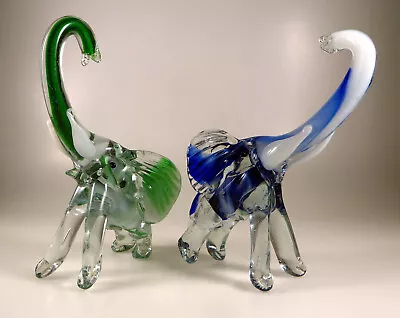 Pair Of Handblown Art Glass Elephants Murano Style Green And Blue - Trunk Up! • $26