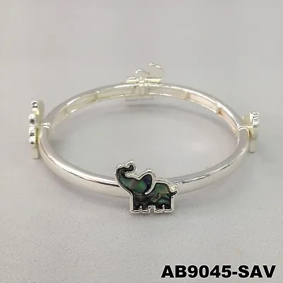 Abalone Shell Animal Elephant Charm Silver Finish Stretch Bangle Wrist Bracelet • $7.49
