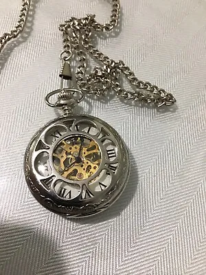 Mens Pocket Skeleton Watch Manual Wind Silver Case Lid Roman Numerals Chain  • $20