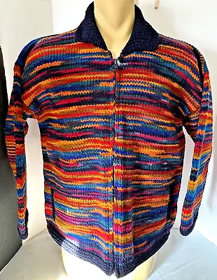 Artesania 100% Wool Cardigan Full Zip Knit Sweater Multicolor Jacket Vtg Ecuador • $28.80