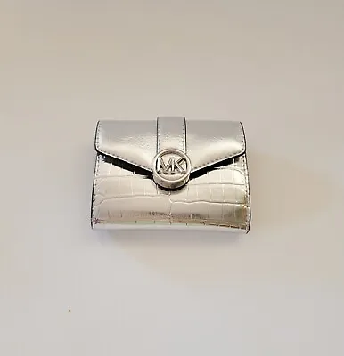 Michael Kors Carmen Medium Flap Bifold Wallet Silver Faux Leather  Embossed • $56.21