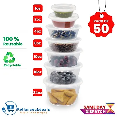 50 Clear Round Cups With Lids Plastic Tubs Food Containers Sauce Deli Pots • £7.99