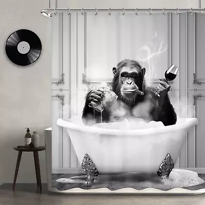 Funny Monkey Shower Curtain 60Wx72H Inch Chimpanzee In Bathtub Black White Anima • $22.86