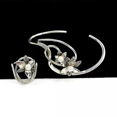 Vintage Artist Signed Modernist Sterling Silver Pearl Floral Cuff Ring Bracelet • $49.99