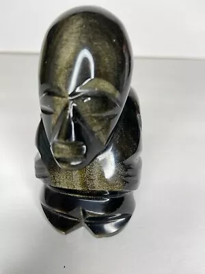 Hand Carved Gold Sheen Obsidian Mayan Aztec Figurine Paperweight Statue • $45