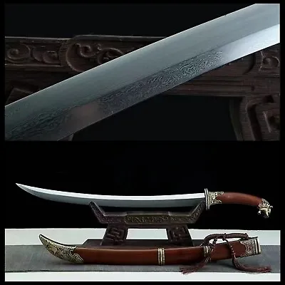 Mongolian Dao Chinese Handmade Damascus Steel Sword Rosewood Handle Scabbard • $280.12