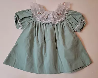 Vintage Baby Girls K.L.L. Velvet Green Dress Lace Collar Size Large (9-12mo ?) • $15