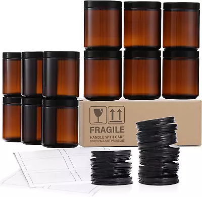 Thick Amber Round Glass Jars 8 Oz With Lids Leakproof & Dishwasher Safe12 Pack • $34.98